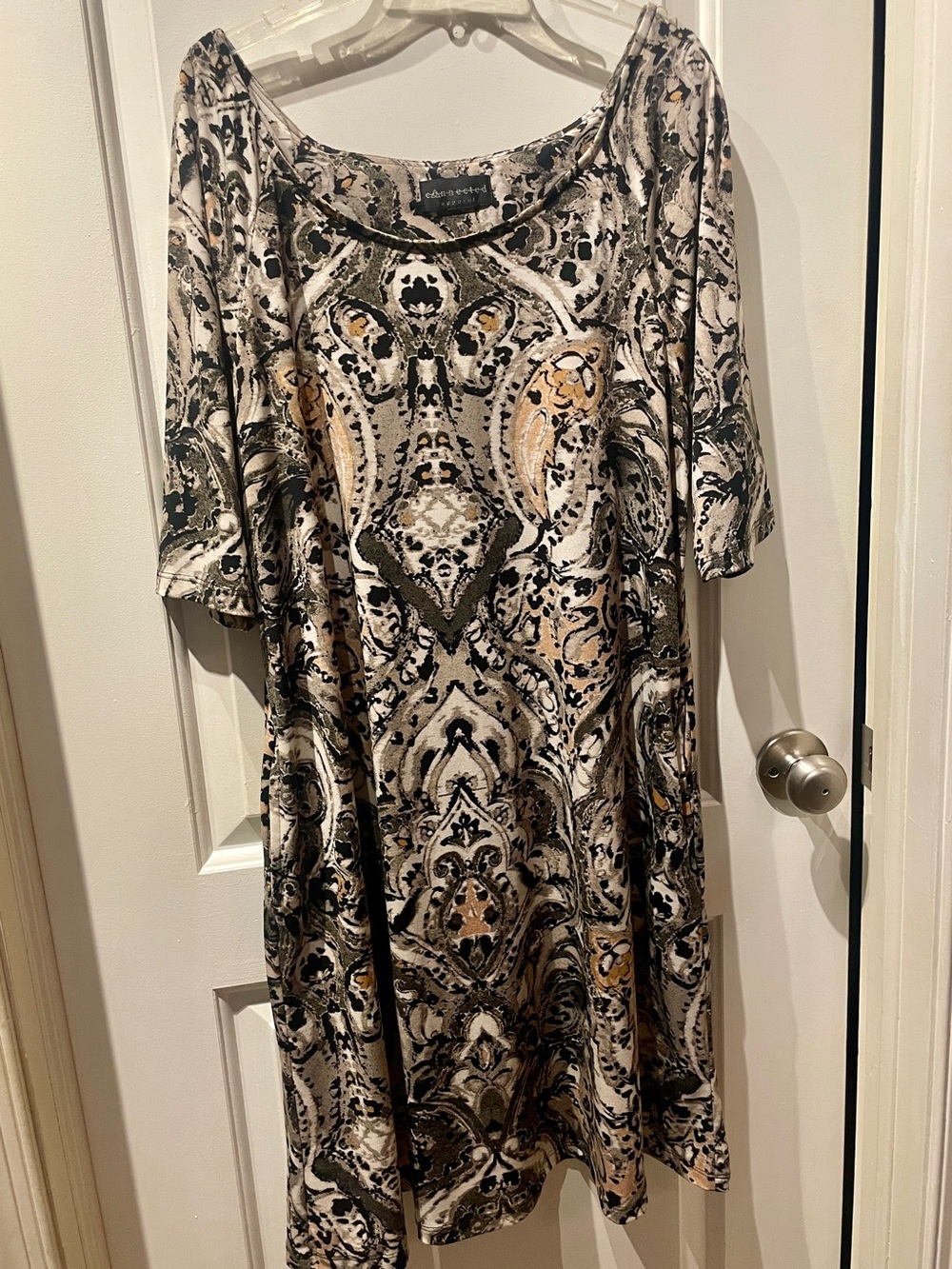 connected apparel Paisley-Print Midi Swing Dress in Black, White & Tan